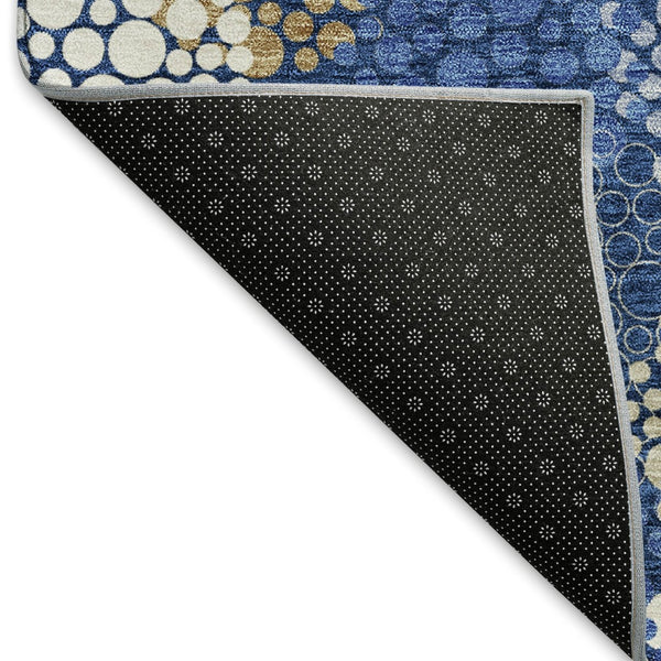 HomeRoots 8' Navy Blue, Ivory & Beige Polka Dot Round Rug - Washable, UV Protected, Durable for Family Life 672209