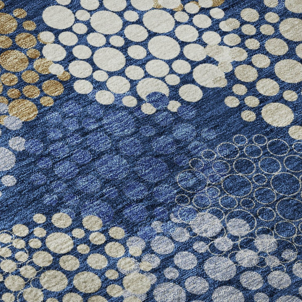 HomeRoots 8' Navy Blue, Ivory & Beige Polka Dot Round Rug - Washable, UV Protected, Durable for Family Life 672209