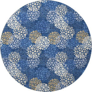 HomeRoots 8' Navy Blue, Ivory & Beige Polka Dot Round Rug - Washable, UV Protected, Durable for Family Life 672209
