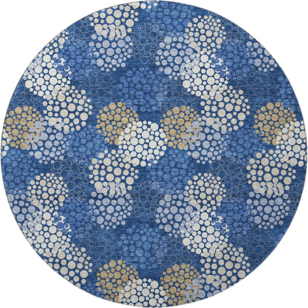 HomeRoots 8' Navy Blue, Ivory & Beige Polka Dot Round Rug - Washable, UV Protected, Durable for Family Life 672209