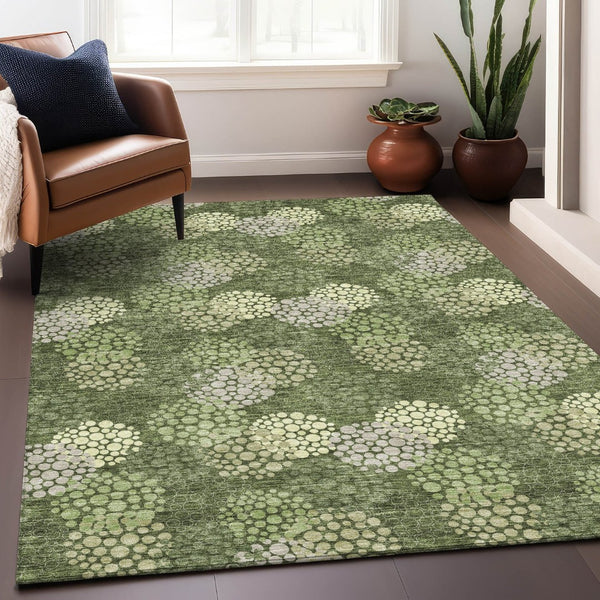 HomeRoots 5' X 8' Stylish Olive Green & Beige Polka Dot Area Rug - Washable, UV-Protected, Durable Design 672214