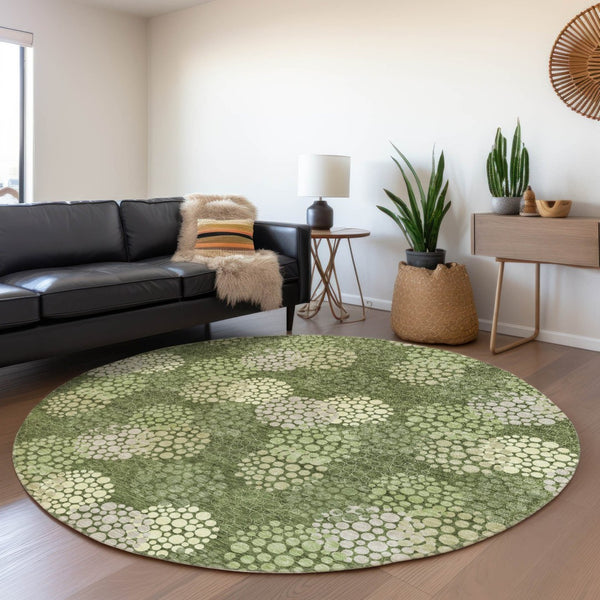 HomeRoots 8' Olive Green Polka Dot Round Rug - Washable, UV-Protected, Durable for Homes with Kids & Pets! 672215