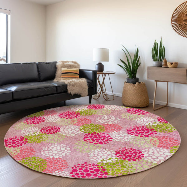 HomeRoots 8' Playful Pink Green Ivory Polka Dot Washable Round Rug with UV Protection for Busy Spaces 672221