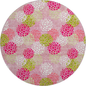 HomeRoots 8' Playful Pink Green Ivory Polka Dot Washable Round Rug with UV Protection for Busy Spaces 672221