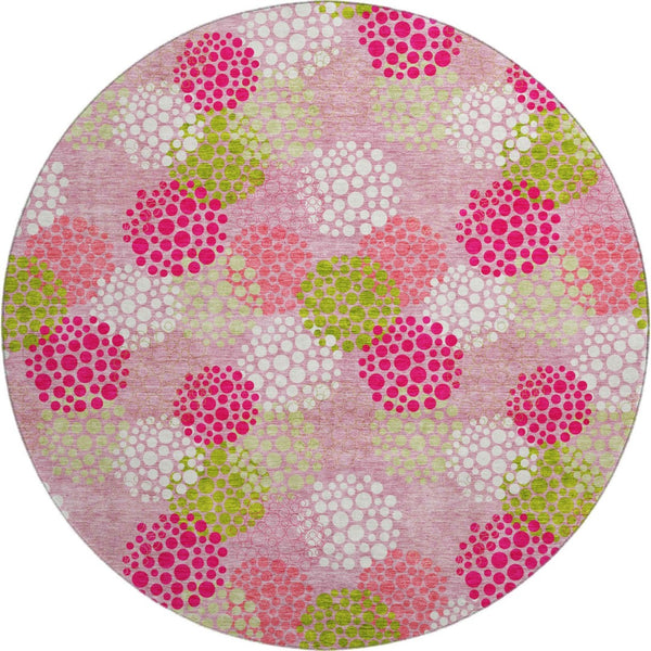 HomeRoots 8' Playful Pink Green Ivory Polka Dot Washable Round Rug with UV Protection for Busy Spaces 672221