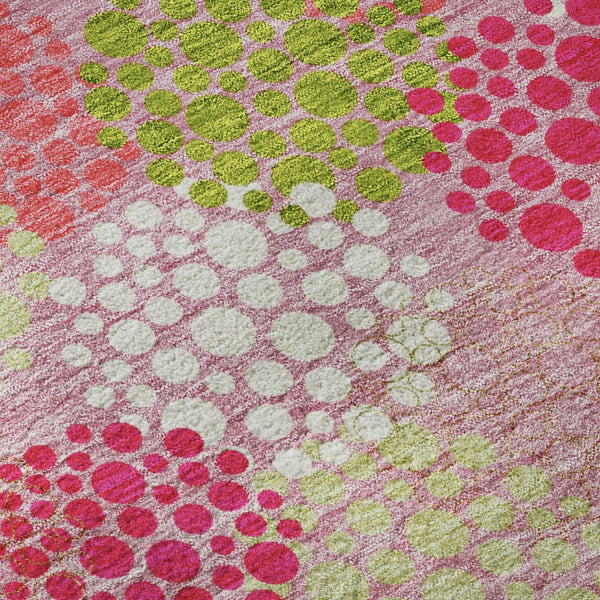 HomeRoots 8' Playful Pink Green Ivory Polka Dot Washable Round Rug with UV Protection for Busy Spaces 672221