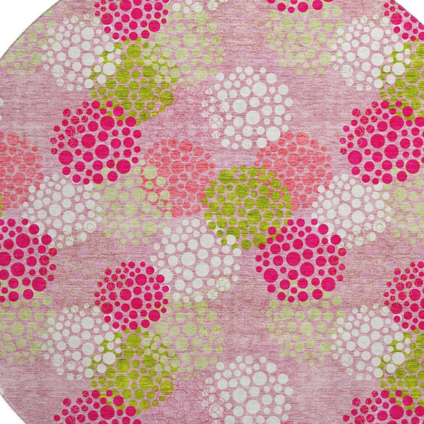 HomeRoots 8' Playful Pink Green Ivory Polka Dot Washable Round Rug with UV Protection for Busy Spaces 672221