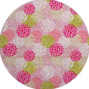 HomeRoots 8' Playful Pink Green Ivory Polka Dot Washable Round Rug with UV Protection for Busy Spaces 672221