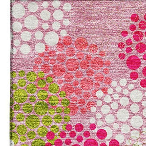 HomeRoots 8' X 10' Washable Polka Dot Area Rug in Pink, Green & Ivory – Stain Resistant & UV Protected! 672222