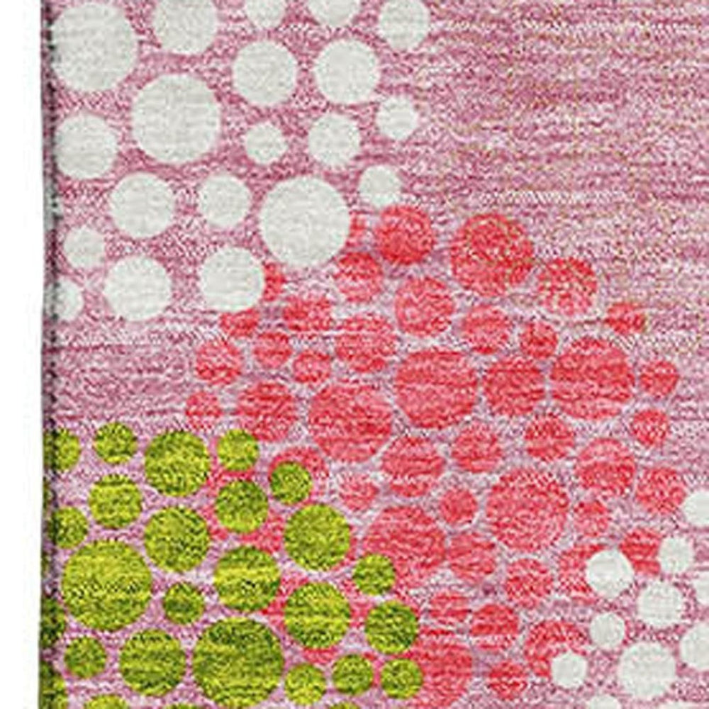 HomeRoots 10' X 14' Washable Pink, Green & Ivory Polka Dot Area Rug with UV Protection for Family Living Spaces 672224