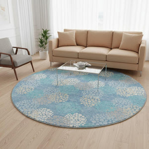 HomeRoots 8' Sky Blue Ivory Beige Polka Dot Round Rug - Washable, Durable, UV Protected for Every Room 672227