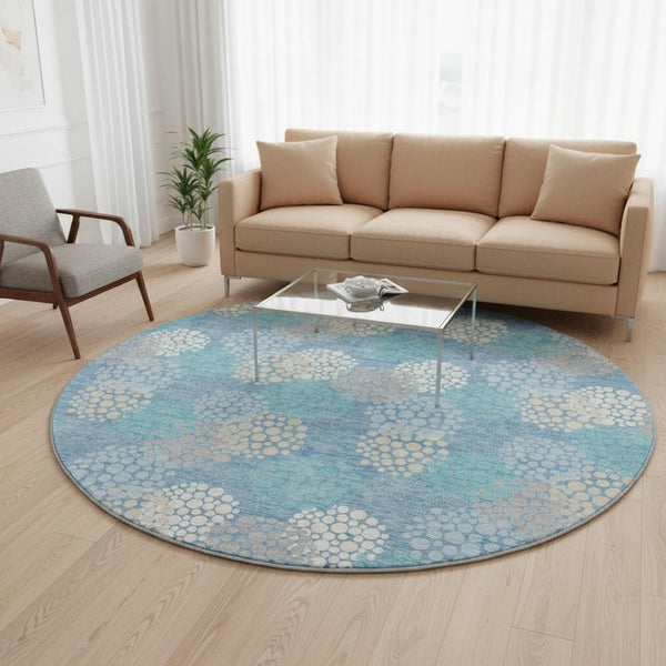 HomeRoots 8' Sky Blue Ivory Beige Polka Dot Round Rug - Washable, Durable, UV Protected for Every Room 672227
