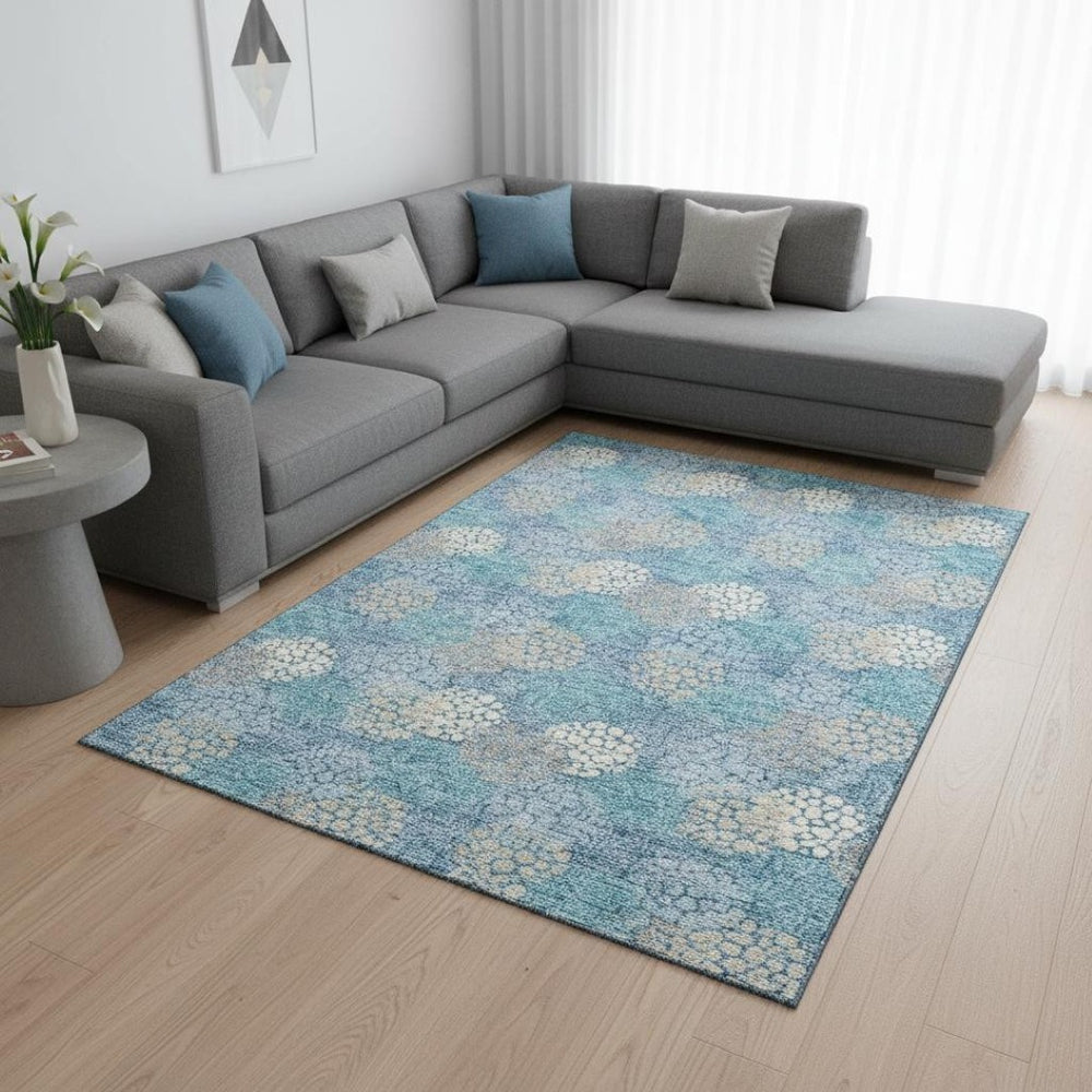 HomeRoots 9' X 12' Washable Sky Blue Polka Dot Area Rug with UV Protection - Perfect for Family Spaces! 672229