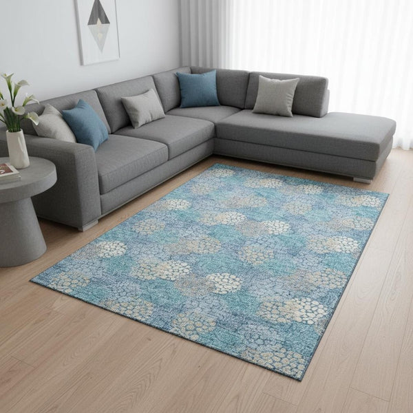 HomeRoots 9' X 12' Washable Sky Blue Polka Dot Area Rug with UV Protection - Perfect for Family Spaces! 672229