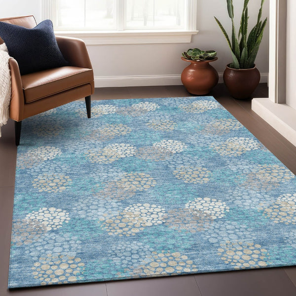 HomeRoots 9' X 12' Washable Sky Blue Polka Dot Area Rug with UV Protection - Perfect for Family Spaces! 672229