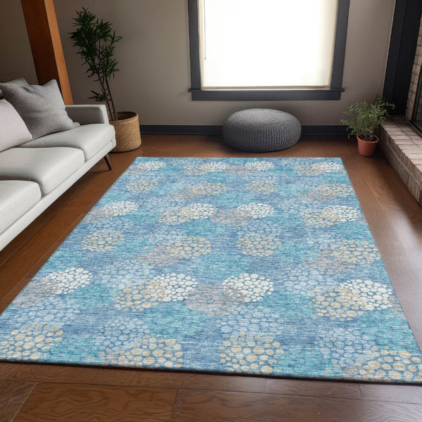 HomeRoots 9' X 12' Washable Sky Blue Polka Dot Area Rug with UV Protection - Perfect for Family Spaces! 672229
