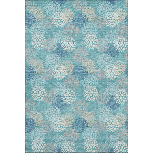 HomeRoots 5' X 8' Teal Ivory Beige Polka Dot Area Rug - Washable, UV Protected, Stain Resistant, Durable Design 672232