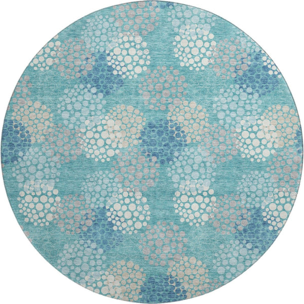 HomeRoots 8' Teal Ivory Beige Polka Dot Round Rug - Washable, UV-Protected, Perfect for Family Living Spaces 672233