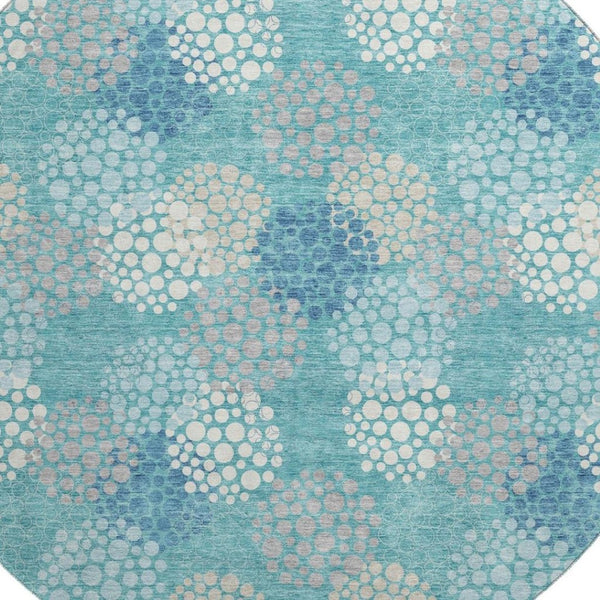 HomeRoots 8' Teal Ivory Beige Polka Dot Round Rug - Washable, UV-Protected, Perfect for Family Living Spaces 672233