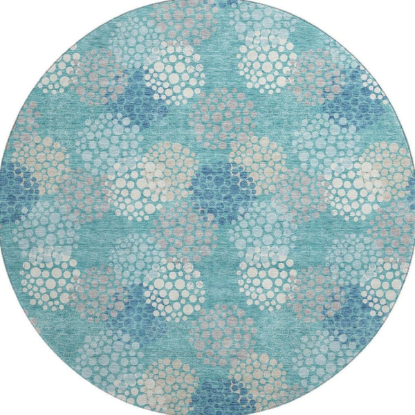 HomeRoots 8' Teal Ivory Beige Polka Dot Round Rug - Washable, UV-Protected, Perfect for Family Living Spaces 672233