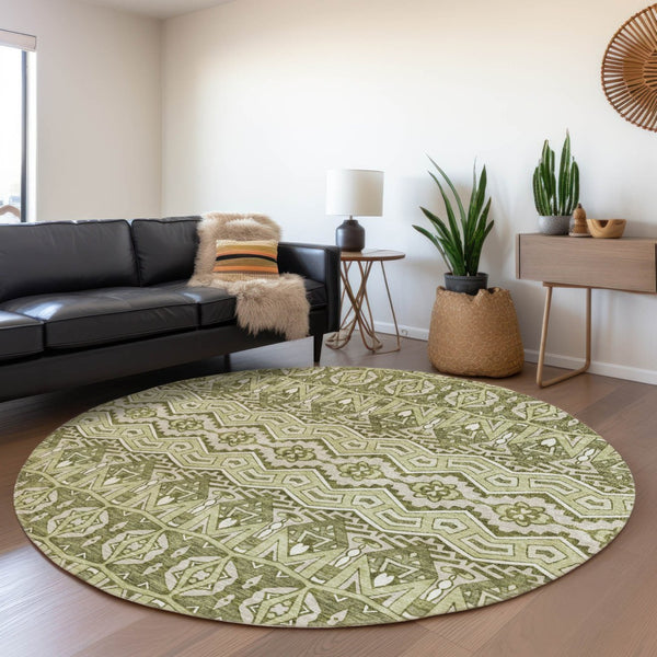 HomeRoots 8' Moroccan-Inspired Artichoke Green & Beige Washable Round Rug with UV Protection for Durability 672239