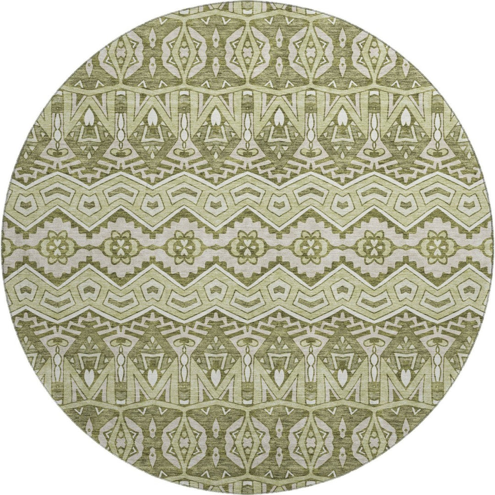 HomeRoots 8' Moroccan-Inspired Artichoke Green & Beige Washable Round Rug with UV Protection for Durability 672239