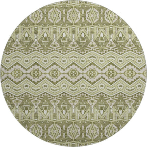 HomeRoots 8' Moroccan-Inspired Artichoke Green & Beige Washable Round Rug with UV Protection for Durability 672239
