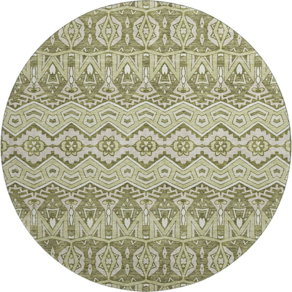 HomeRoots 8' Moroccan-Inspired Artichoke Green & Beige Washable Round Rug with UV Protection for Durability 672239