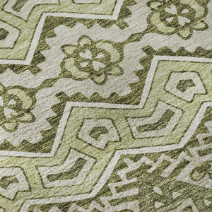 HomeRoots 8' Moroccan-Inspired Artichoke Green & Beige Washable Round Rug with UV Protection for Durability 672239