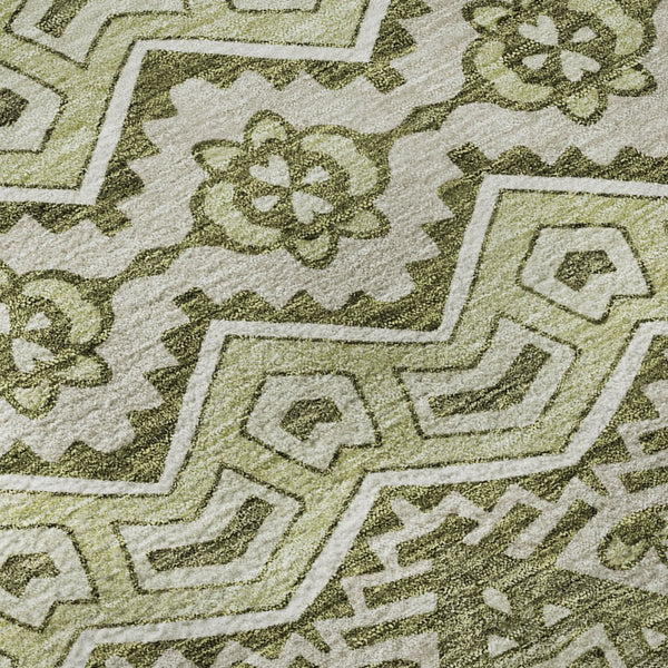 HomeRoots 8' Moroccan-Inspired Artichoke Green & Beige Washable Round Rug with UV Protection for Durability 672239
