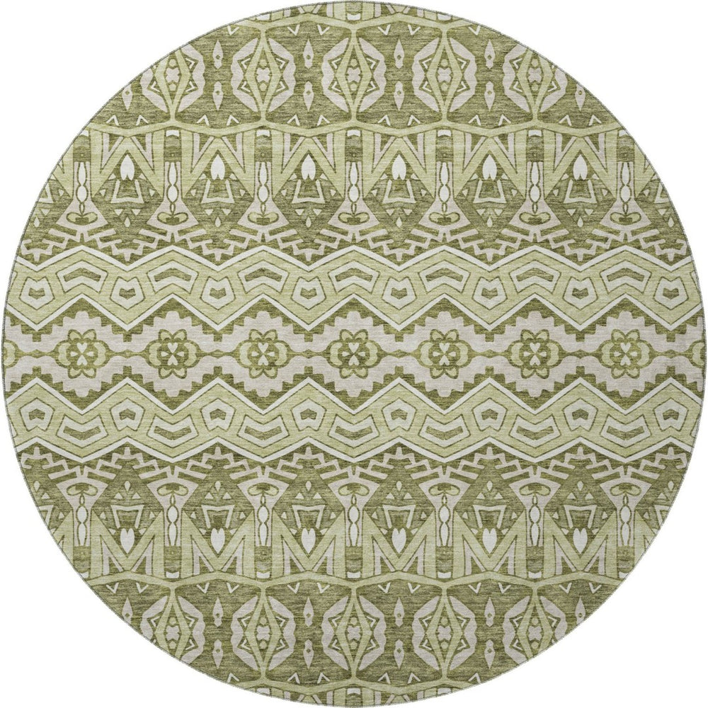 HomeRoots 8' Moroccan-Inspired Artichoke Green & Beige Washable Round Rug with UV Protection for Durability 672239