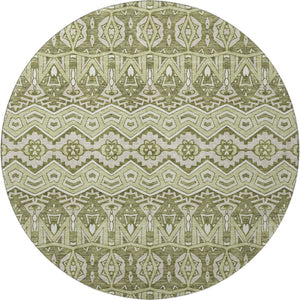 HomeRoots 8' Moroccan-Inspired Artichoke Green & Beige Washable Round Rug with UV Protection for Durability 672239