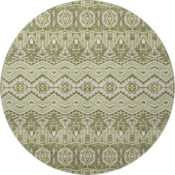 HomeRoots 8' Moroccan-Inspired Artichoke Green & Beige Washable Round Rug with UV Protection for Durability 672239