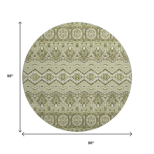 HomeRoots 8' Moroccan-Inspired Artichoke Green & Beige Washable Round Rug with UV Protection for Durability 672239