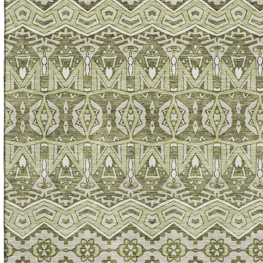 HomeRoots 9' X 12' Moroccan-Inspired Artichoke Green & Beige Area Rug - Washable, Durable, UV Protected Design 672241