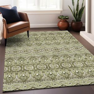 HomeRoots 10' Moroccan-Inspired Artichoke Green & Beige Area Rug - Washable, UV-Protected, Durable Design 672242