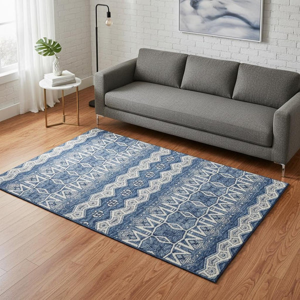 HomeRoots 5' X 8' Moroccan Washable Area Rug in Blue, Beige & Ivory - Durable, UV Protected & Stain Resistant! 672244