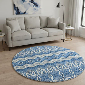 HomeRoots 8' Moroccan-Inspired Washable Round Area Rug in Blue, Beige & Ivory – UV Protected & Durable Design 672245