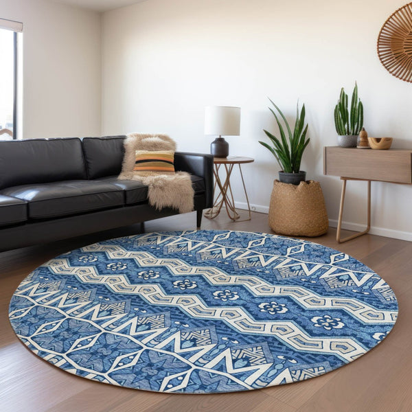 HomeRoots 8' Moroccan-Inspired Washable Round Area Rug in Blue, Beige & Ivory – UV Protected & Durable Design 672245