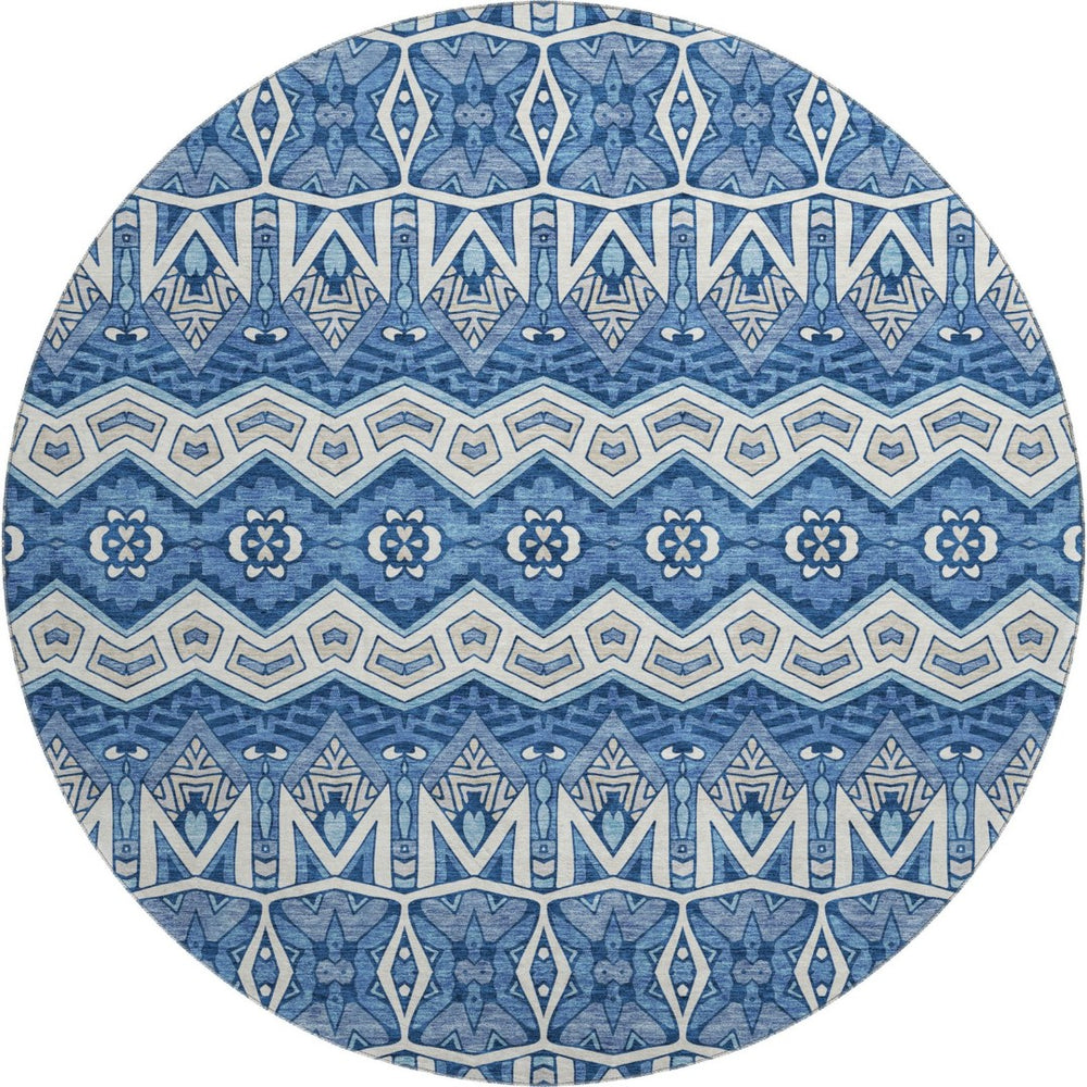 HomeRoots 8' Moroccan-Inspired Washable Round Area Rug in Blue, Beige & Ivory – UV Protected & Durable Design 672245