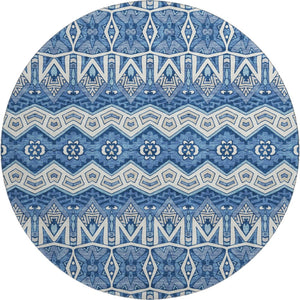 HomeRoots 8' Moroccan-Inspired Washable Round Area Rug in Blue, Beige & Ivory – UV Protected & Durable Design 672245