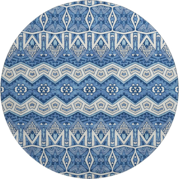 HomeRoots 8' Moroccan-Inspired Washable Round Area Rug in Blue, Beige & Ivory – UV Protected & Durable Design 672245