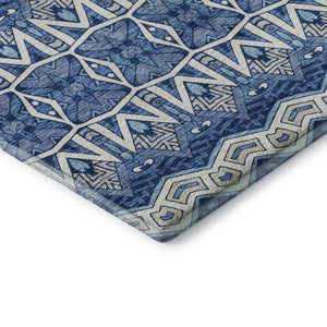 HomeRoots 8' Moroccan-Inspired Washable Round Area Rug in Blue, Beige & Ivory – UV Protected & Durable Design 672245