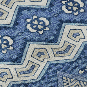 HomeRoots 8' Moroccan-Inspired Washable Round Area Rug in Blue, Beige & Ivory – UV Protected & Durable Design 672245