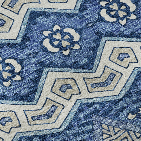 HomeRoots 8' Moroccan-Inspired Washable Round Area Rug in Blue, Beige & Ivory – UV Protected & Durable Design 672245