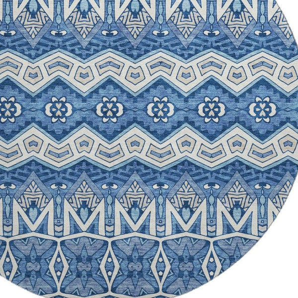 HomeRoots 8' Moroccan-Inspired Washable Round Area Rug in Blue, Beige & Ivory – UV Protected & Durable Design 672245
