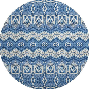 HomeRoots 8' Moroccan-Inspired Washable Round Area Rug in Blue, Beige & Ivory – UV Protected & Durable Design 672245
