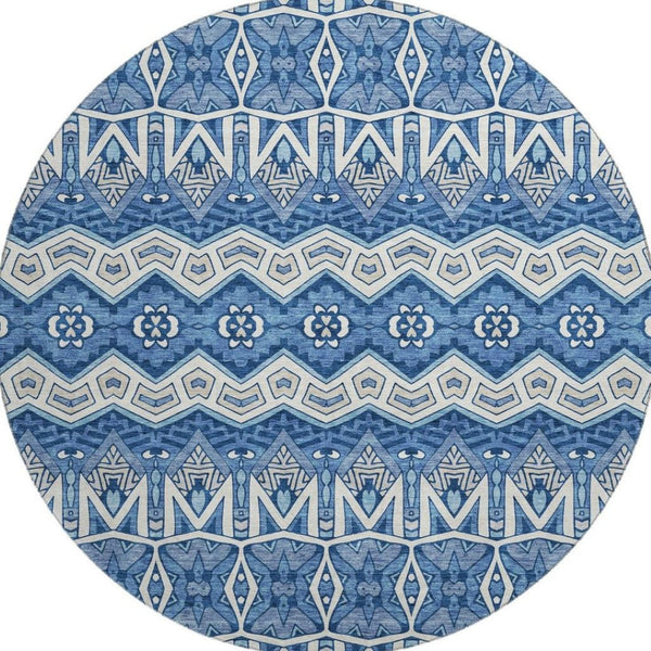 HomeRoots 8' Moroccan-Inspired Washable Round Area Rug in Blue, Beige & Ivory – UV Protected & Durable Design 672245