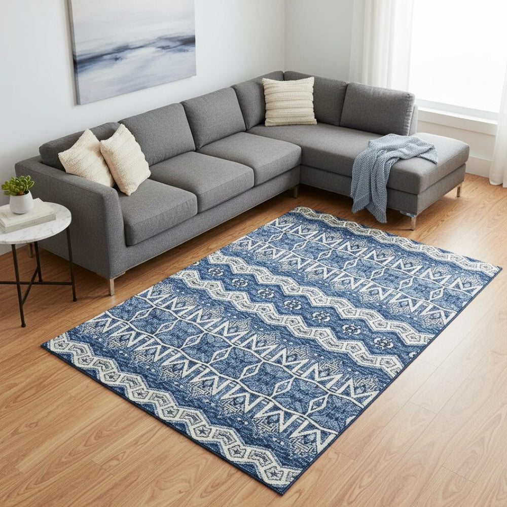HomeRoots 8' Moroccan Washable Area Rug in Blue, Beige & Ivory – UV Protected, Stain Resistant, Easy Care! 672246