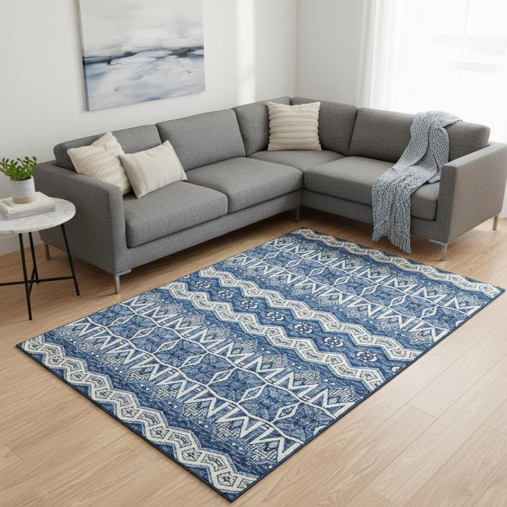 HomeRoots 9' X 12' Moroccan Washable Area Rug in Blue, Beige & Ivory – Stain-Resistant, UV-Protected Comfort! 672247